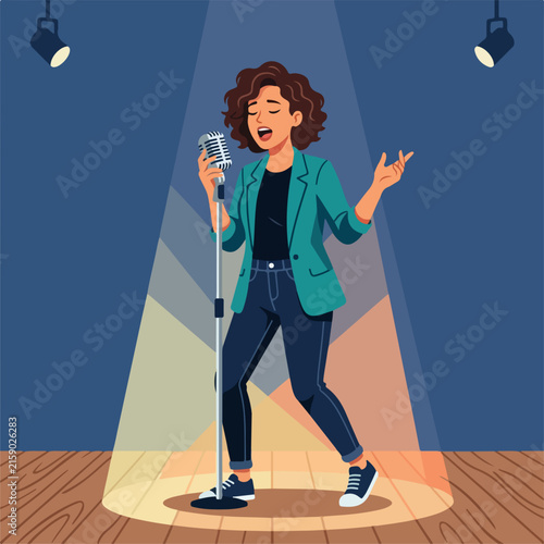 Singer Performing with Microphone on Stage Vector Design