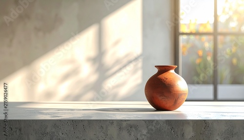 Warm terracotta ceramic vase on a smooth raw concrete counter in morning light