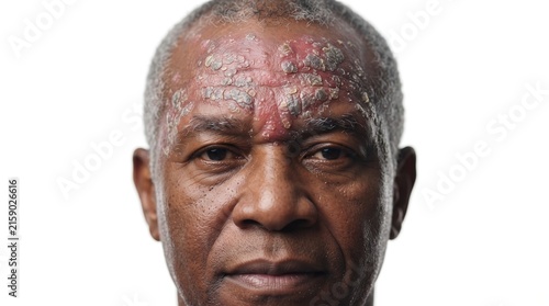 Senior African American man with severe skin plaques, actinic keratosis or discoid lupus on his forehead