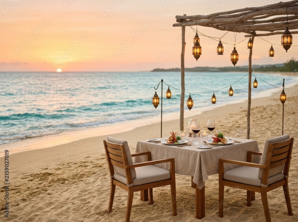 Fototapeta premium Romantic beach dinner setup at sunset with a table for two, seafood dishes, wine glasses, and hanging Moroccan lanterns under a wooden structure on white sand by the turquoise ocean.