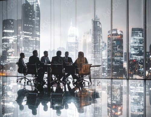 Diverse Business Team Meeting in Modern Skyscraper Office with City Skyline View