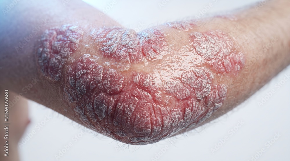 Fototapeta premium Severe plaque psoriasis with silver scaly red inflamed lesions on human elbow joint close up