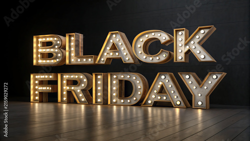 3D Black Friday Marquee Sign with Light Bulbs on Dark Wooden Floor