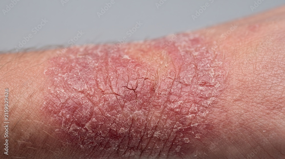 Fototapeta premium Macro close up of severely dry, cracked, and scaly red inflamed skin patch indicative of eczema or psoriasis