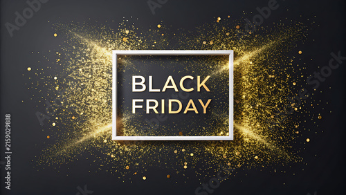 Luxury Black Friday Banner with Gold Glitter Dust and Frame on Dark Background