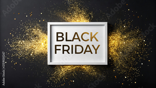 Luxury Black Friday Banner with Gold Glitter Dust and Frame on Dark Background