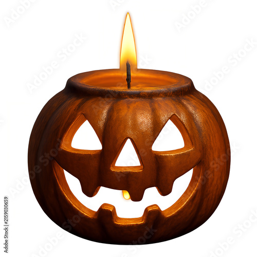 Pumpkin candle smiling with flame on a white background for Halloween concept
