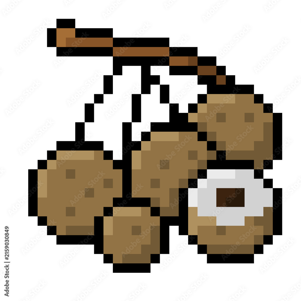 Fototapeta premium Pixel Art Longan Fruit Bunch and Peeled Halved Illustration