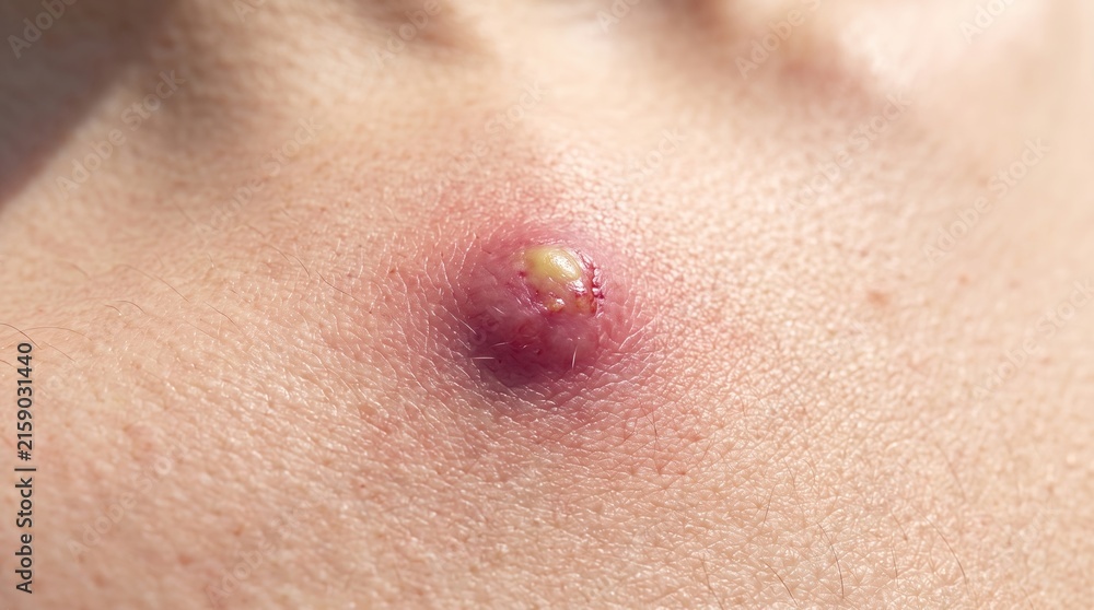 Fototapeta premium Macro Close Up of Skin with Large Pus Filled Pimple Pustule or Boil