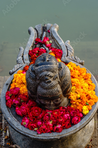 India. Uttarakhand. Haridwar. A lingam carved with a divine face, situated on the banks of the Ganges