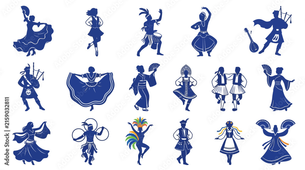 Fototapeta premium Collection of diverse cultural dancers in traditional attire