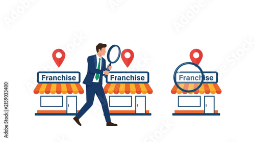 Businessman searching for new franchise locations using magnifying glass in this professional flat vector graphic illustration