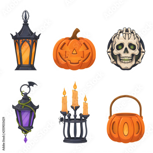 Halloween elements including carved pumpkin lantern skull candle holder and candy bucket on white background Isolated on transparent background