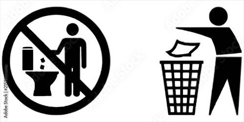 Black and white showing a prohibition sign for toilet littering and a person throwing paper into a trash bin