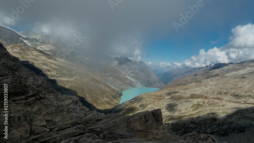 Panoramic View of Turquoise Mattmark Lake in Saastal Valley from Monte Moro Pass, Swiss Alps