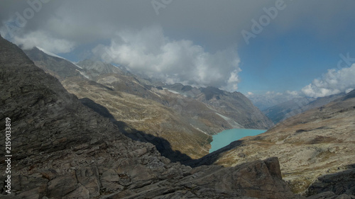 Panoramic View of Turquoise Mattmark Lake in Saastal Valley from Monte Moro Pass, Swiss Alps