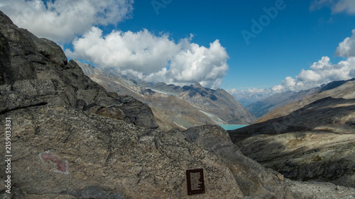 Panoramic View of Turquoise Mattmark Lake in Saastal Valley from Monte Moro Pass, Swiss Alps
