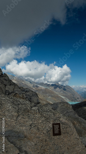 Panoramic View of Turquoise Mattmark Lake in Saastal Valley from Monte Moro Pass, Swiss Alps