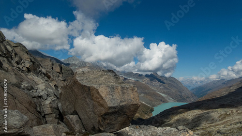 Panoramic View of Turquoise Mattmark Lake in Saastal Valley from Monte Moro Pass, Swiss Alps