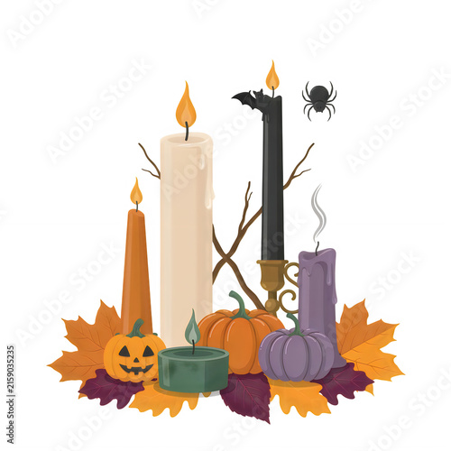 Halloween candles and pumpkins with autumn leaves during twilight isolated on transparent background