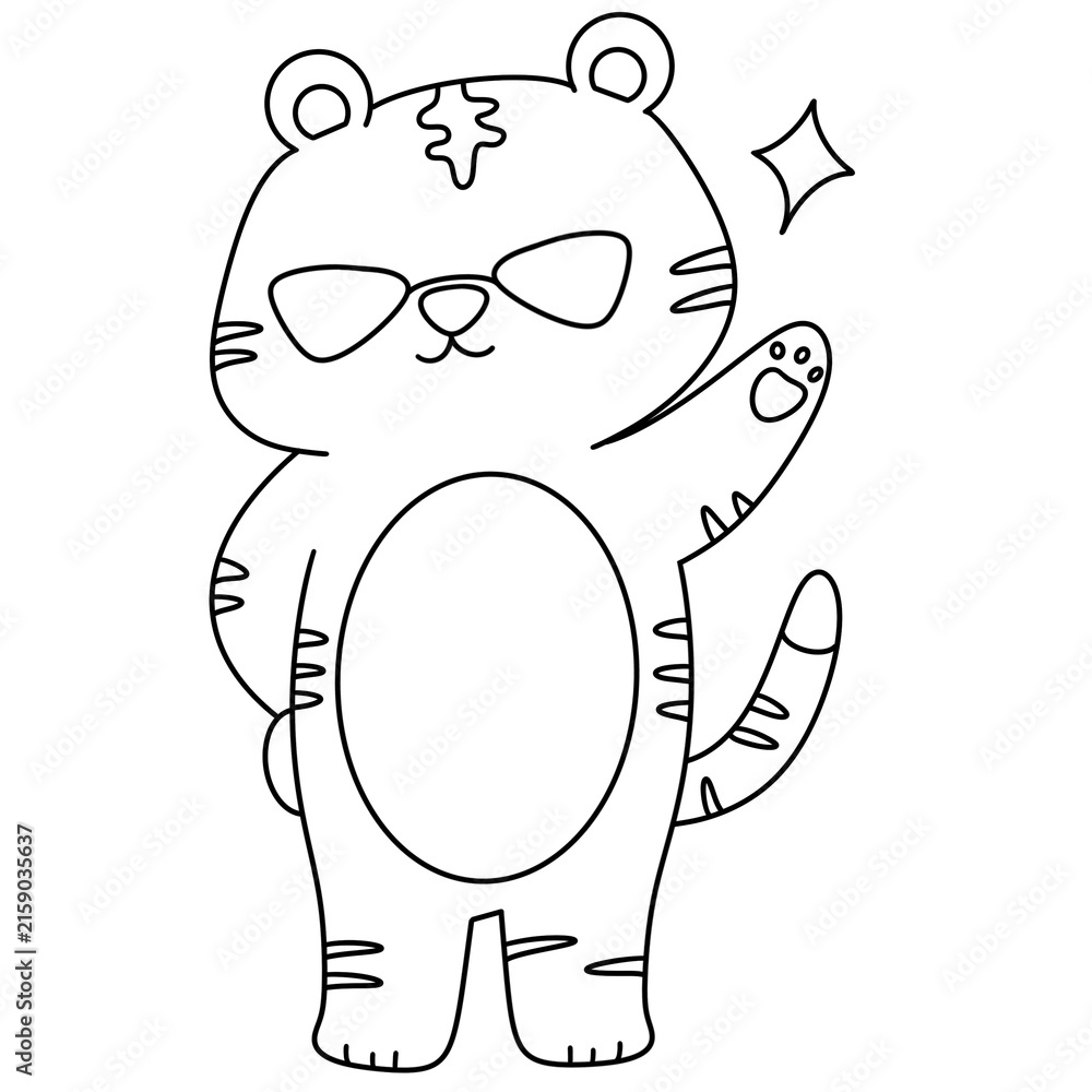 Obraz premium Cute cartoon tiger waves with one paw