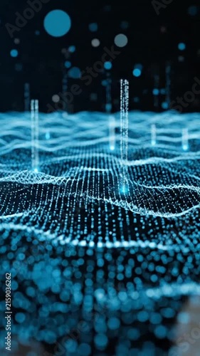 Futuristic digital blue wave grid network background with glowing particles