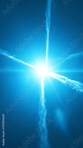 Abstract bright glowing blue light beams intersecting on dark background