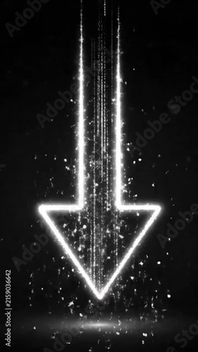 A glowing digital arrow pointing down with futuristic particle rain