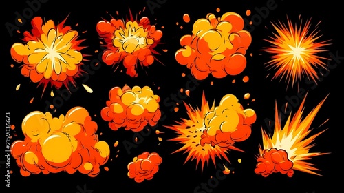 Comic explosive effect. Radial explosion icon. Cartoon explode cloudburst, bomb explosion, fire fume, speed smoke ring, blast, gas puffs in air, bang power. Vector set Stock Vector