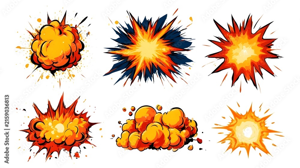 Naklejka premium Comic explosive effect. Radial explosion icon. Cartoon explode cloudburst, bomb explosion, fire fume, speed smoke ring, blast, gas puffs in air, bang power. Vector set Stock Vector