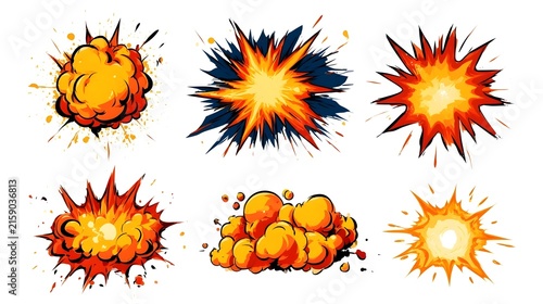 Comic explosive effect. Radial explosion icon. Cartoon explode cloudburst, bomb explosion, fire fume, speed smoke ring, blast, gas puffs in air, bang power. Vector set Stock Vector