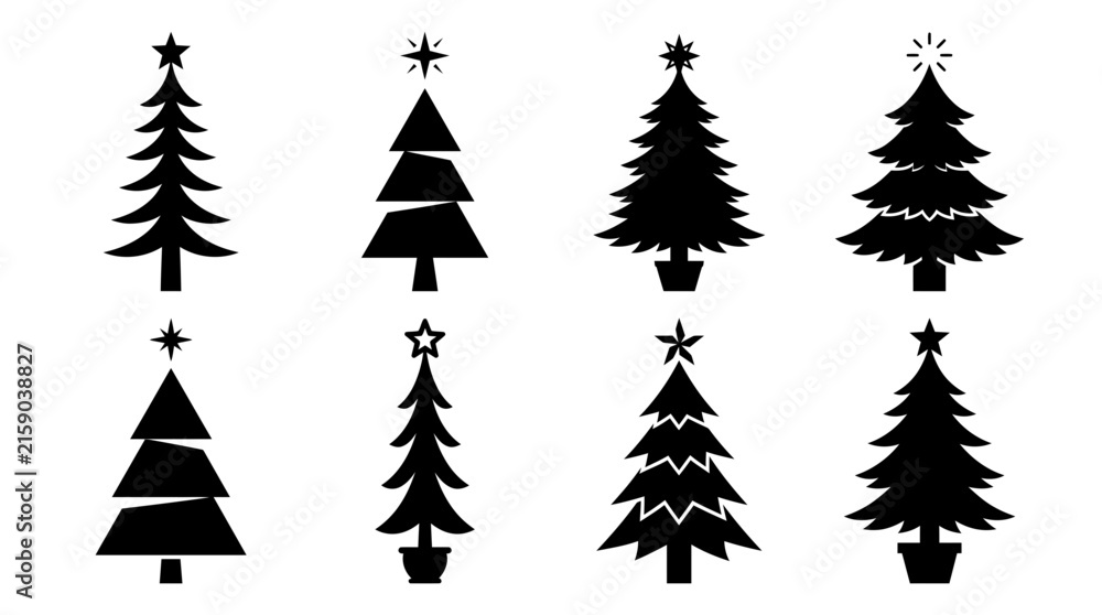 Obraz premium Collection of diverse black Christmas tree silhouettes featuring various artistic styles and sharp decorative star toppers