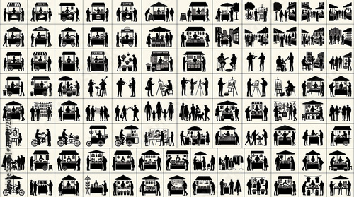 Street market stall silhouettes and vendor icons set for urban retail design projects