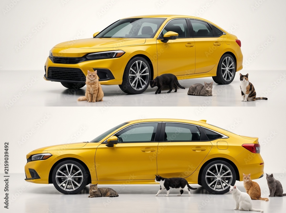 Fototapeta premium Modern yellow sedan car with domestic cats, vibrant yellow automobile in studio setting, group of cats around a sleek vehicle