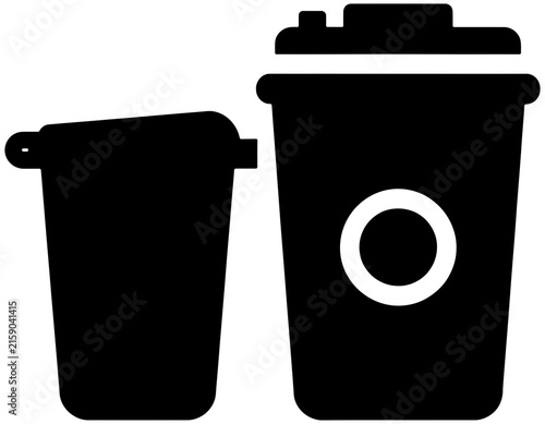 Black and white minimalist vector illustration representing small and large takeout coffee cups with lids.