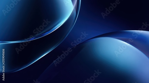 Premium deep blue glass branding background, translucent curved glass surfaces with subtle reflections and luminous gradients, elegant futuristic