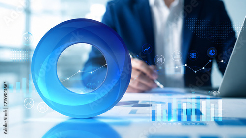 Business Analytics and Financial Data Analysis with Blue 3D Ring, Growth Charts and Corporate Dashboard