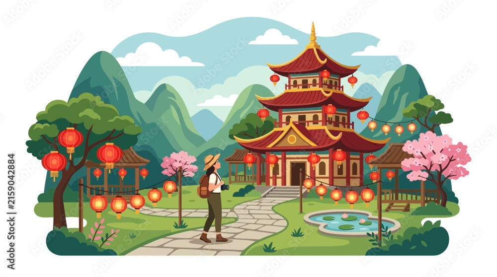 Obraz premium A woman tourist explores a beautiful traditional Asian temple garden.