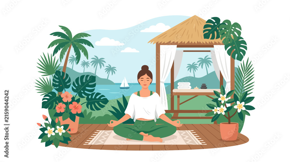 Fototapeta premium Woman meditating in a serene tropical paradise spa setting