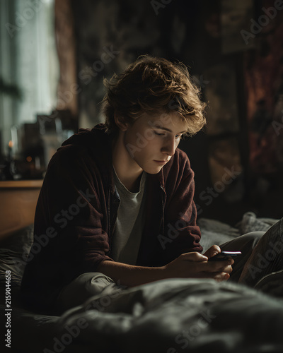 Teenage boy upset looking at phone screen in his room