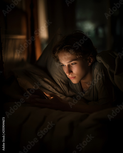 Teenager lying in bed scrolling phone at night