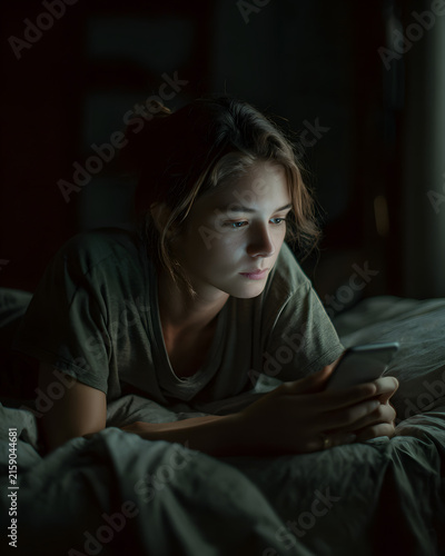 Teenager lying in bed scrolling a phone late at night