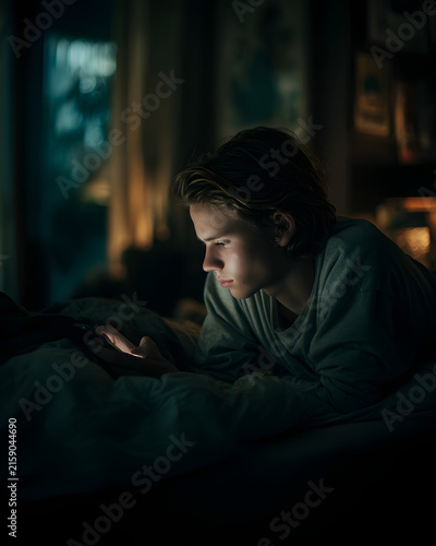 Teenager sleeping in bed scrolling phone at night