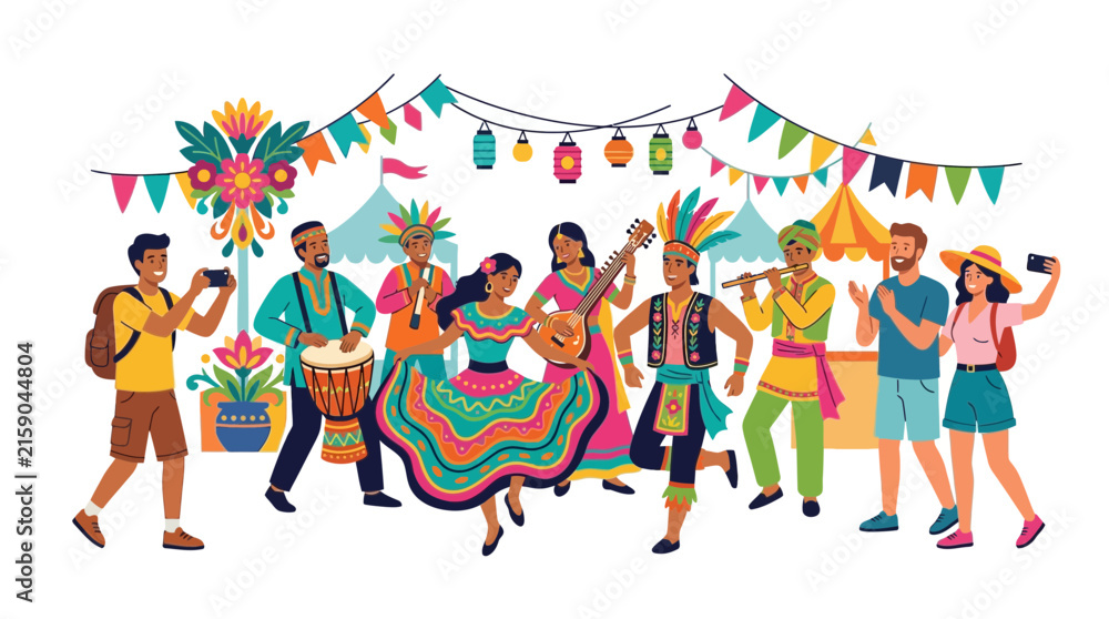 Fototapeta premium People enjoying a colorful traditional cultural festival with music and dancing.