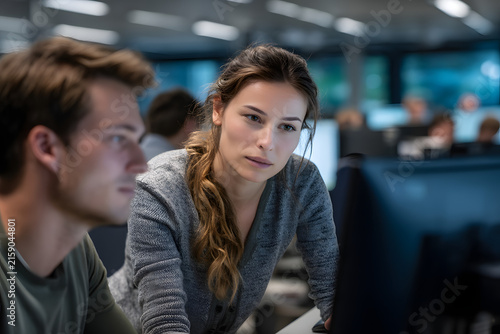 Senior female employee coaching junior coworker on AI software at shared office desk