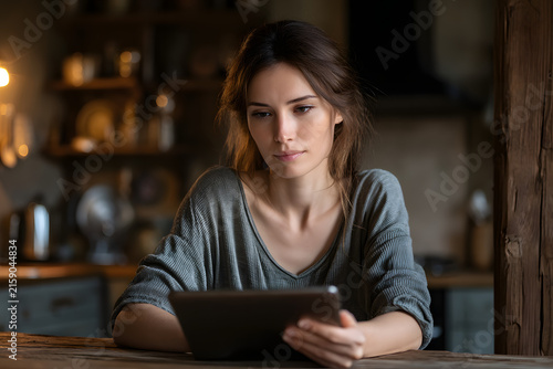 Woman reviewing privacy settings on a tablet in her kitchen