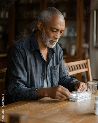 Adult son arranging medications in a weekly pill box beside his aging father