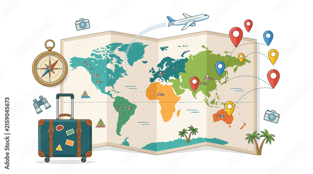 Fototapeta premium World travel map with vacation accessories and route pins