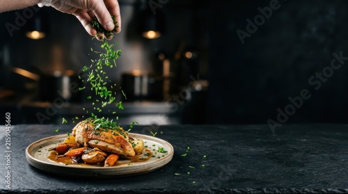 Close up of professional chef sprinkling freshly chopped green herbs onto a roasted chicken breast served with glazed carrots and potatoes on a plate in a dark restaurant kitchen.