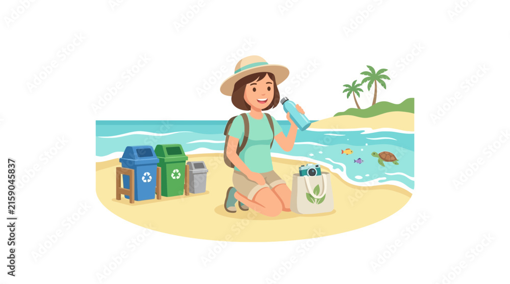 Fototapeta premium Woman enjoys a clean beach, promoting eco-friendly travel and conservation.